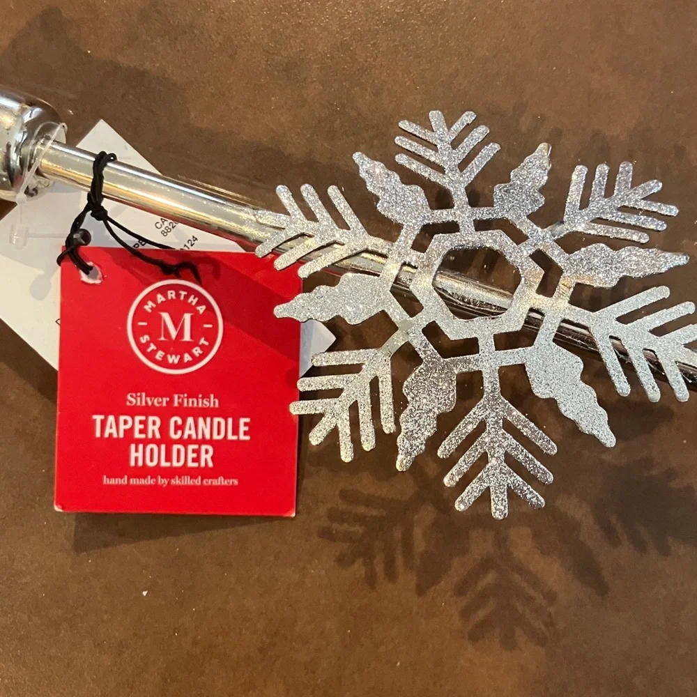 NWT Martha Stewart Silver Finish Taper Candle Holder w/ Glitter Snowflake Accent